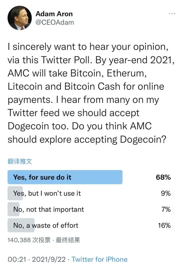 又一院线巨头宣布接受狗狗币 马斯克回应：降低狗狗币交易费用才可行