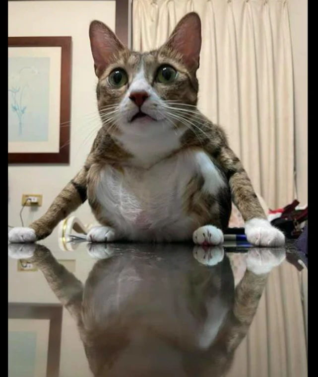 猫咪跳到了桌子上后，竟然做起了亚洲蹲，你是人变的吧，成精了！