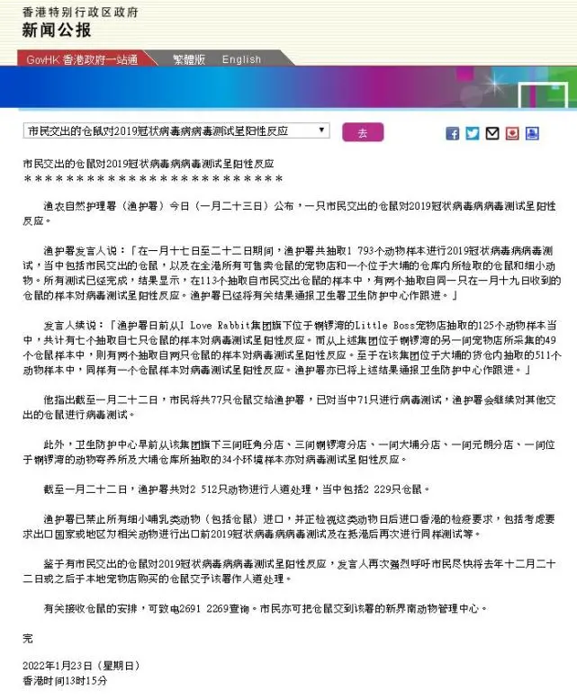香港：来自市民送检、宠物店和货仓的10余个仓鼠样本呈新冠阳性
