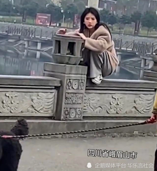 四川一女子因害怕大狗，躲到桥上不敢下来，眼神恐惧一动不动