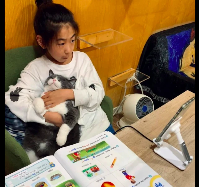 女儿抱着猫咪一起听网课，还没过一分钟猫就想要逃走：快放开我！