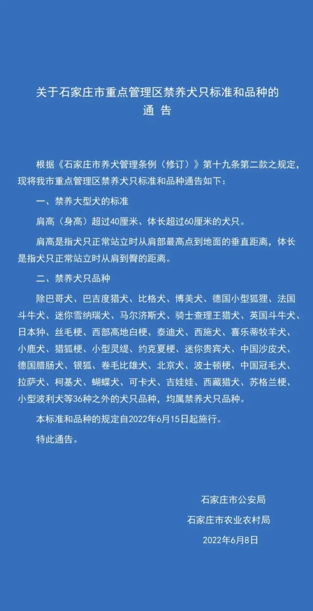 石家庄市发布重点管理区禁养犬只标准和品种